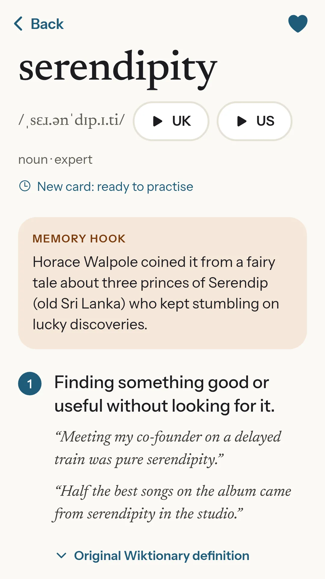 Word page for serendipity, with a plain definition, examples and a memory hook