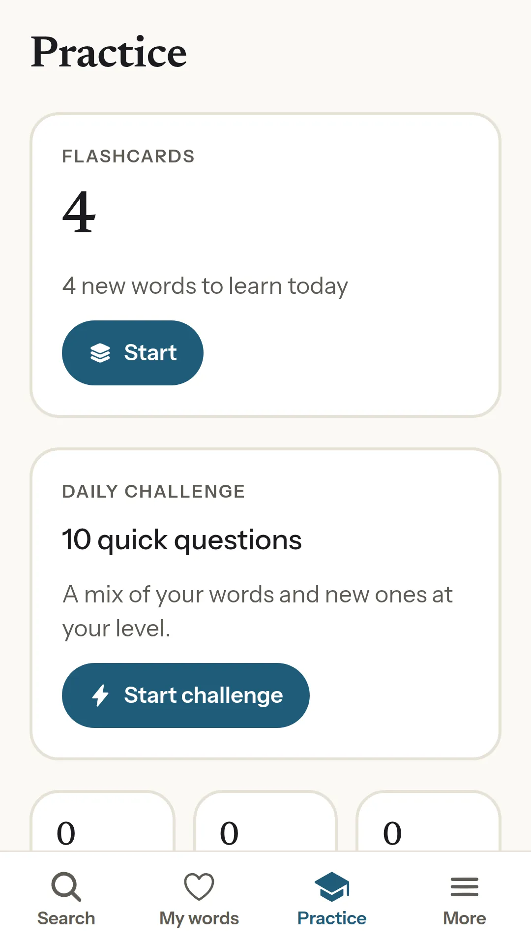 The Practice tab with flashcards due and the daily challenge