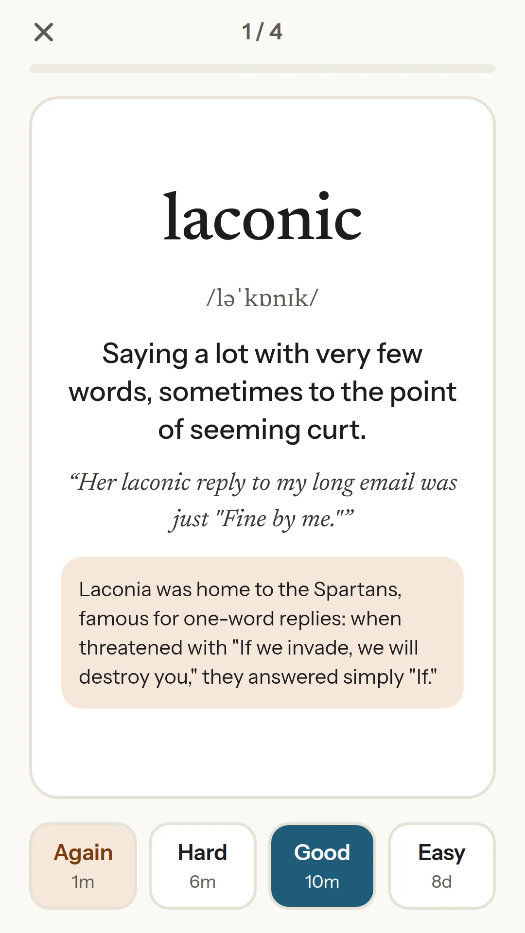 A flashcard showing laconic with its meaning and rating buttons